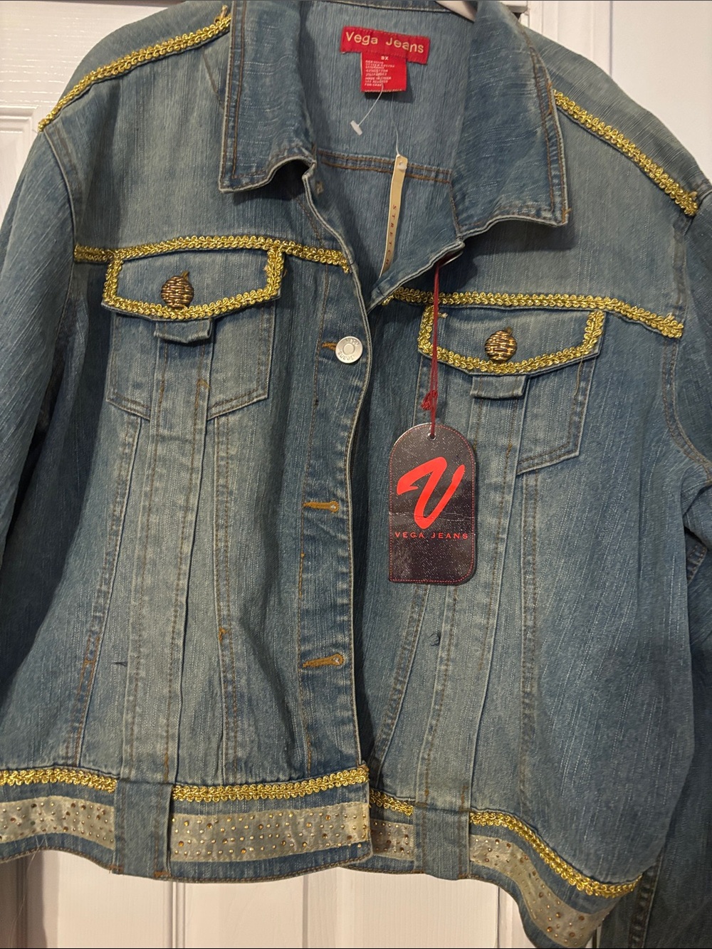 NWT Vega Jeans Gold Metallic Trim Bling Denim Jacket Statement Coat - Plus 3X
